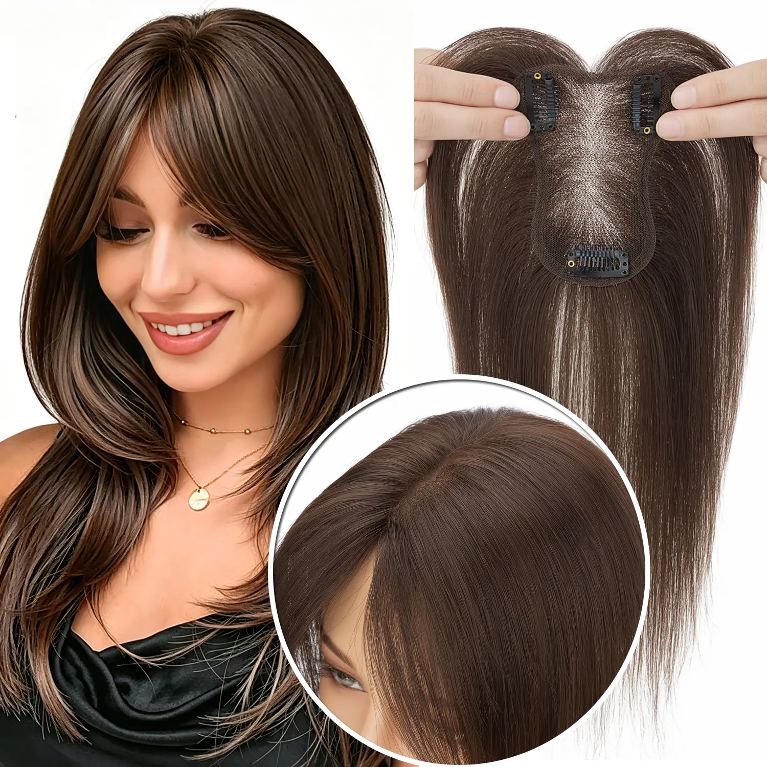 Clip in Hair Topper 100% Human Hair Hand Tied 8×11cm Base Natural Curtain Bangs Hair Pieces 11 Inch Hair Length For Thinning Hair Women