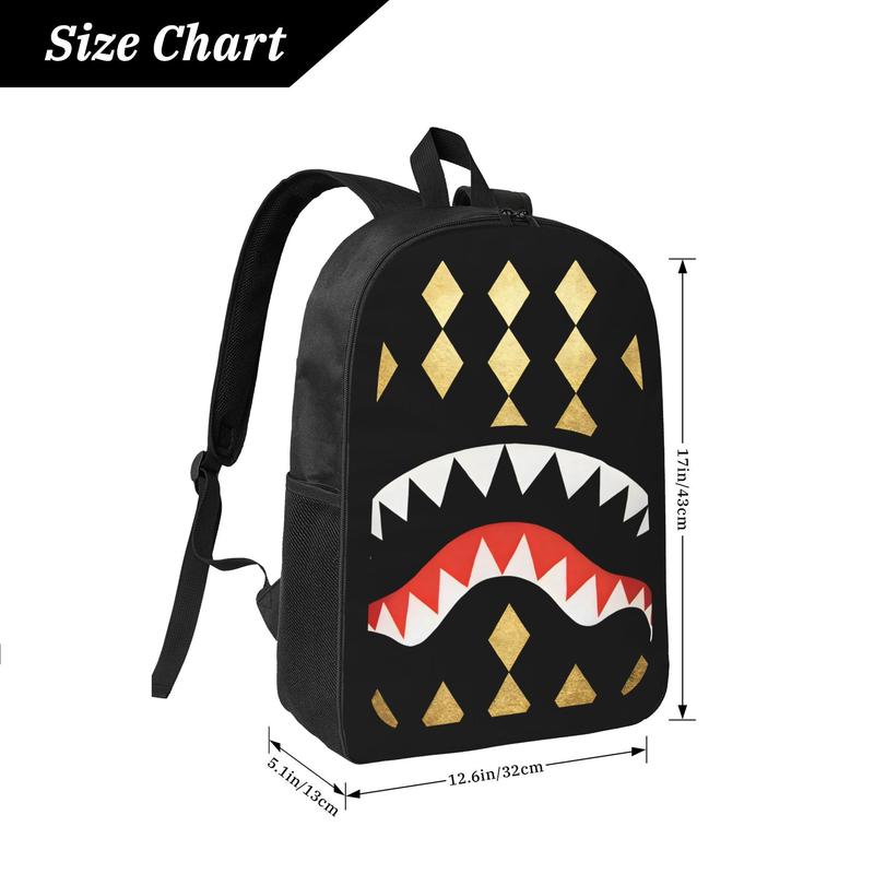 Hip Hop Shark Mouth Backpack - Black & Gold Argyle Diamond Pattern Streetwear School Bag