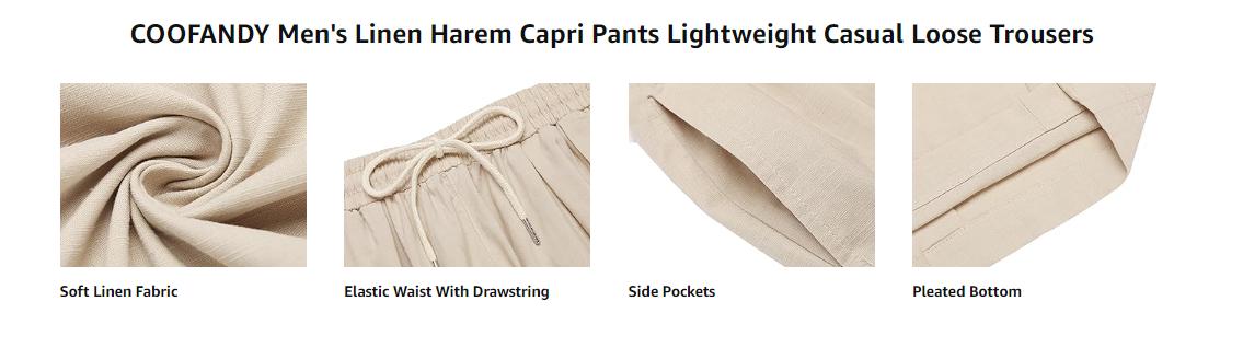 COOFANDY Men's Cotton Linen Harem Pants Drawstring Casual Cropped Trousers Lightweight Loose Beach Yoga Pants with Pockets Skin-friendly Menswear Baggy Canvas Elastic Hippie Soft Suit Underwear Plain Machine Washable Best Sellers
