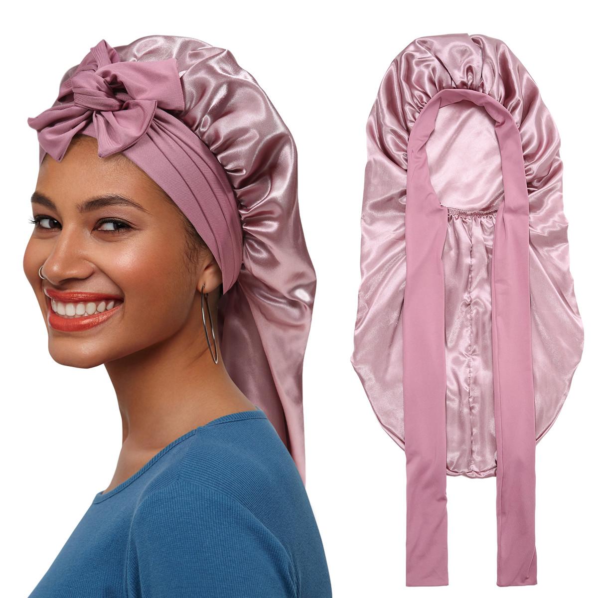 Single-Layer Summer Cool Style Solid Color Long Satin Bonnet Sleep Cap Adjustable Care Nightcap for Women Braids Curly Hair Natural Hair Wrap for Sleeping Cap with Tie Band Elastic Hair Care Bonnet