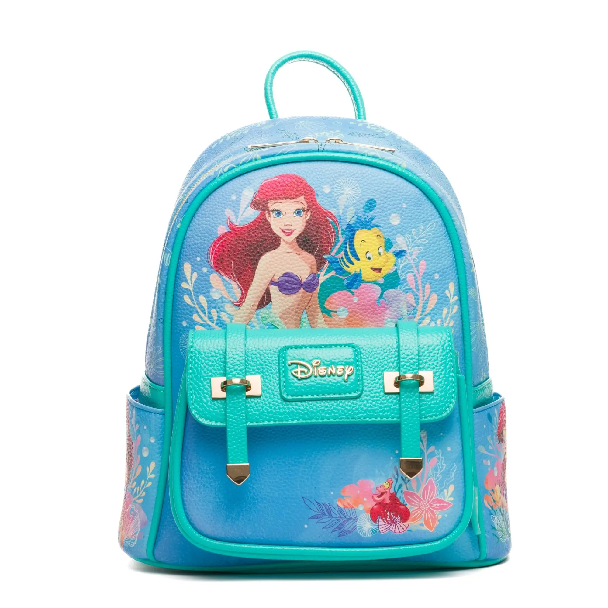 Unisex 11" PU Leather Mini Backpacks, Mermaid Princess Print, Zip Top, Casual Daypack with Side Slip Pockets