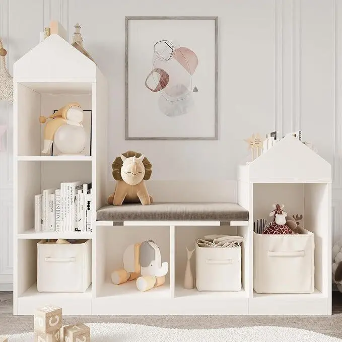 White Wooden Children's 6-Cubby Bookshelf Bench - High-Density Wood, Waterproof Surface, House-Like Form, Anti-Tip Kit, Seat Cushion, 7 Storage Compartments, Step-by-Step Guide, 121x30x107cm for Kids' Room, Classroom, Balcony