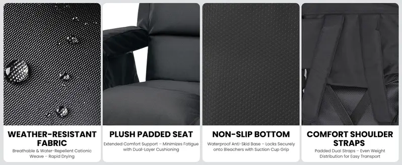 Fabric, padded seat, non-slip bottom and shoulder strap details