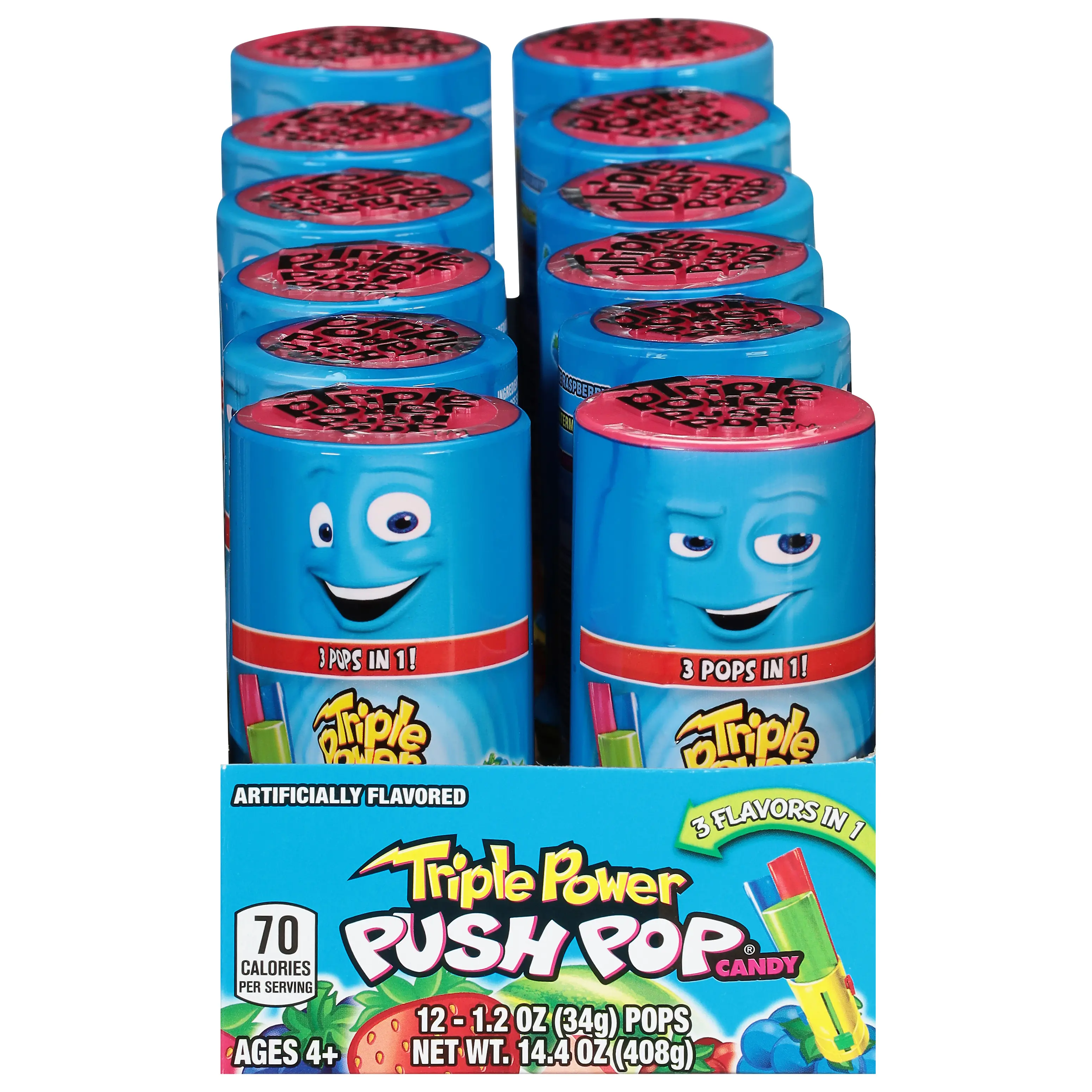 Push Pop Triple Power 3-In-1 Candy Lollipops - 12 Pops Boxed Pack, Fruity Blend Strawberry Mix Sugar Base Snacks