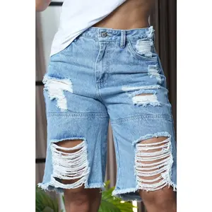 Mid Wash Denim Bermuda Shorts – Frayed Detail