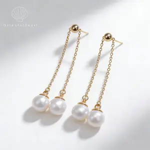E05-Dangling Pearl Threader Earrings White Round Pearl with S925 Chain Setting Dainty for Women Jewelry Drop Earrings Valentine's Day Gift