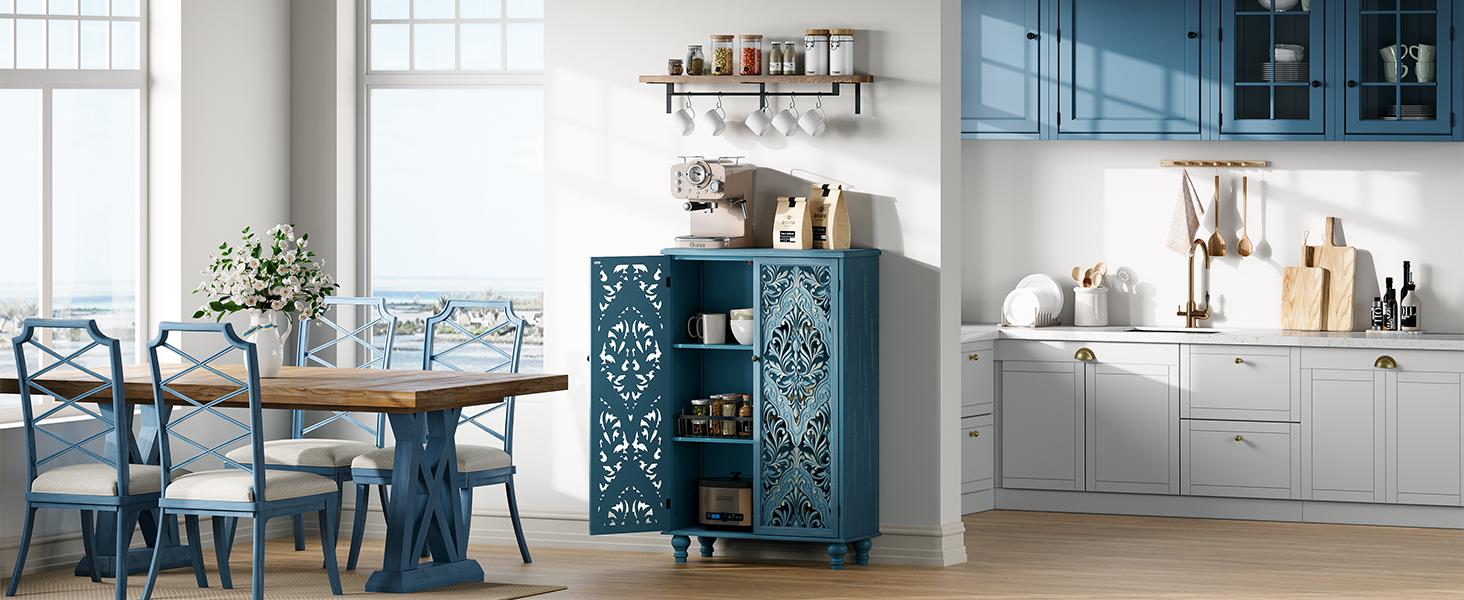 47" Boho Farmhouse Accent Cabinet Navy Blue Mandala Carved Doors Solid Wood Legs 100lbs Storage Sideboard for Entryway Living Room Coffee Bar