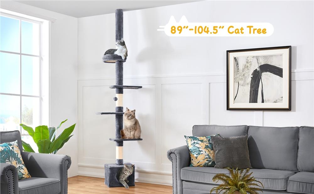 Yaheetech Adjustable 7.4-8.7FT Floor-to-Ceiling Cat Tree with 1 Condo 4 Perches & Scratching Posts Multi-level Cat Tower for Small/Medium Cats - Vertical Scratcher