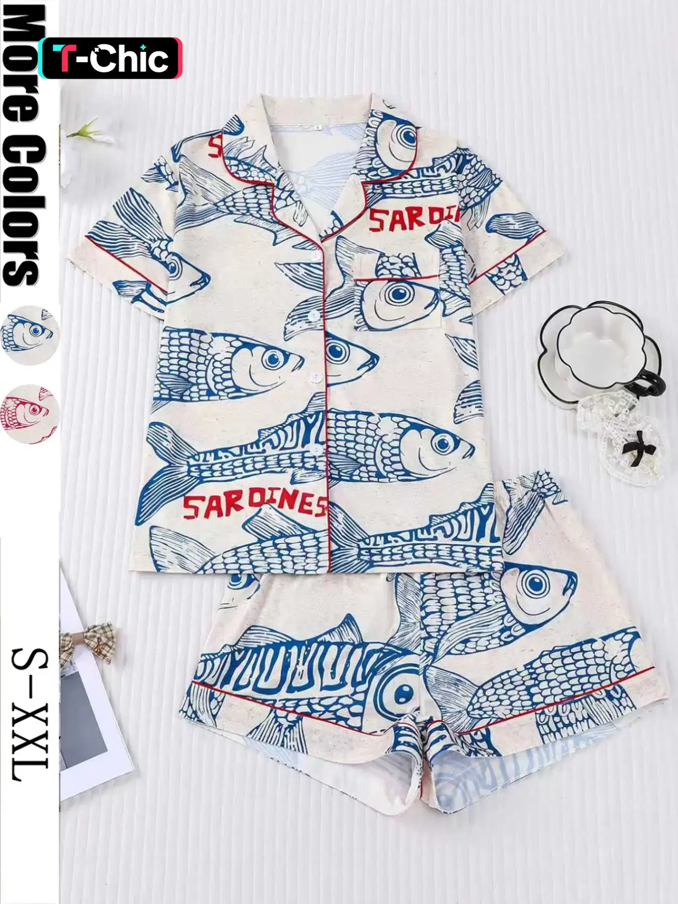 Women's Sleepwear Set, Short-Sleeve Button-Up Soft Top and Elastic Shorts, Printed Pajama Loungewear for Casual Home and Daily Wear, Casual Pyjama Set