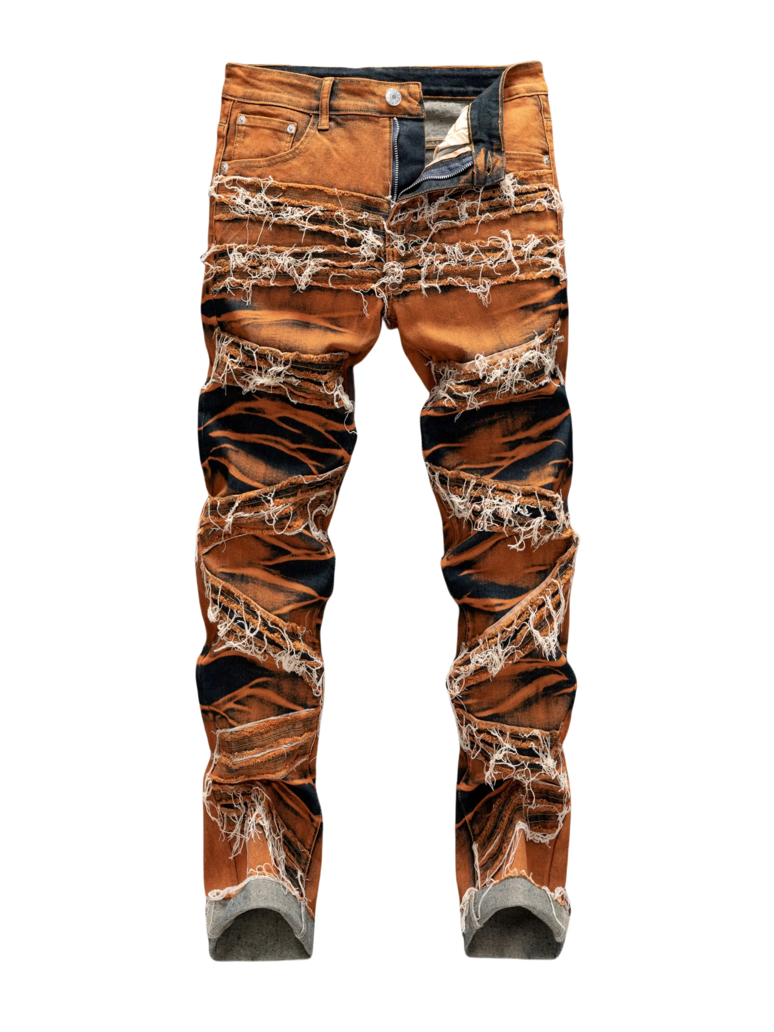 Men's Retro Embroidered Casual Ripped Denim Jean Pants Bottoms - Ripped Straight Leg, Street Chic, Distressed Look, Motorcycle Style, Breathable Stretch Fabric, Natural Print, Tapered-0009 Basic Trouser, Slim-Tapered, Straight Legs, Full-Length, Halloween