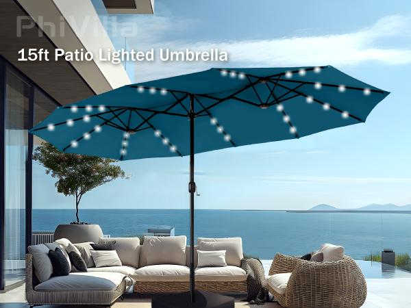 [15ft Extra Large] PHI VILLA Double-Sided Patio Umbrella with Crank & LED Lights - Large Steel Frame, UV Protection, Metal Base Included, Modern Decorative Lighting
