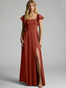 Azazie Bondi A-Line Square-Neck Bow Flutter-Sleeve Bridesmaid Wedding Guest Satin Dress