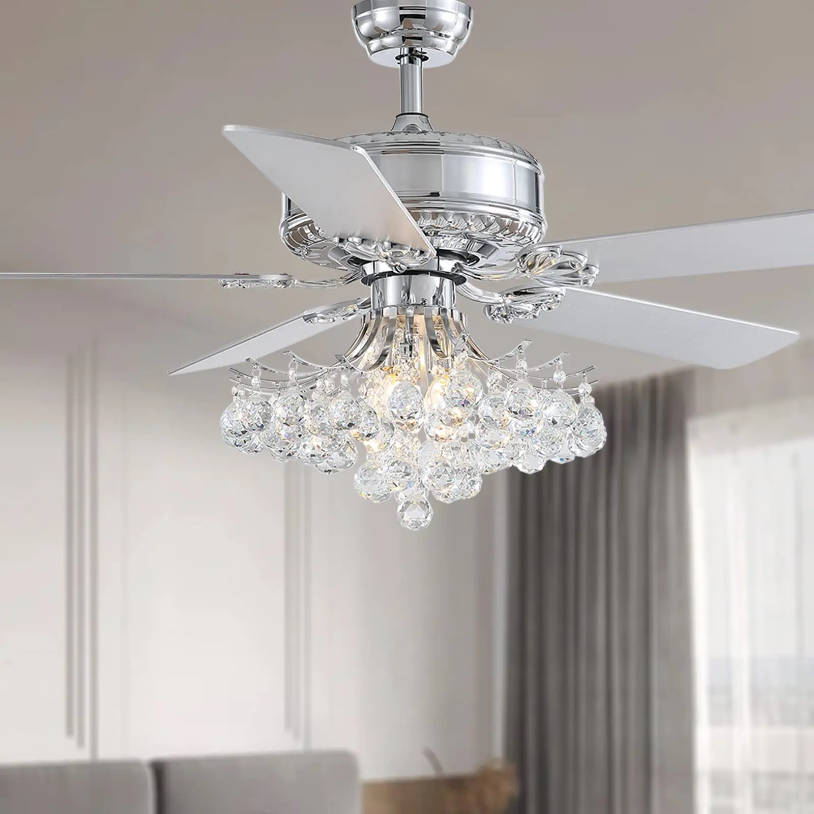 52" Elegant Ceiling Fan Light with Remote, Raindrops Crystal Chandelier Fan, 5 Chrome Reversible Wood Blades for Dining Room, Bedroom