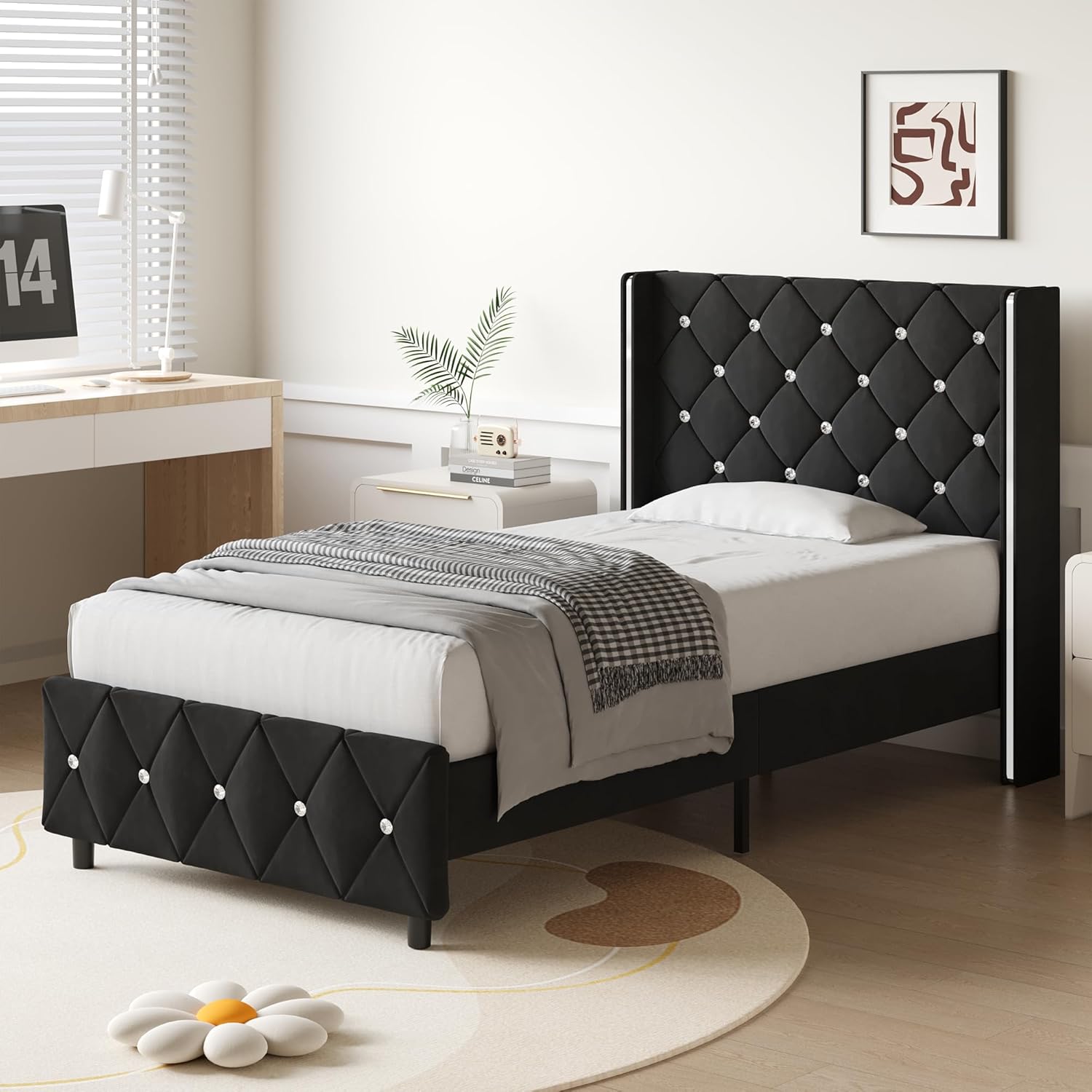 HOMBCK Bed Frame, No Mattress, Upholstered Platform Bed Frame with Wingback Diamond Tufted Headboard
