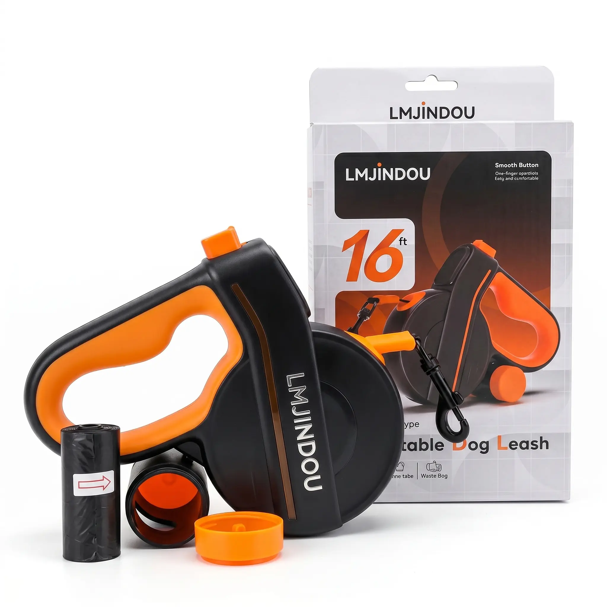 LMJINDOU Heavy Duty Non-Customized Nylon Retractable Dog Lead (16ft/5m) - Tangle-Free, Poop Bag Dispenser with Free Bags, Reflective Tape for Night Visibility, 1-Hand Lock Brake & Control, Ergonomic Handle for Medium-Large Dogs, Pet Leads
