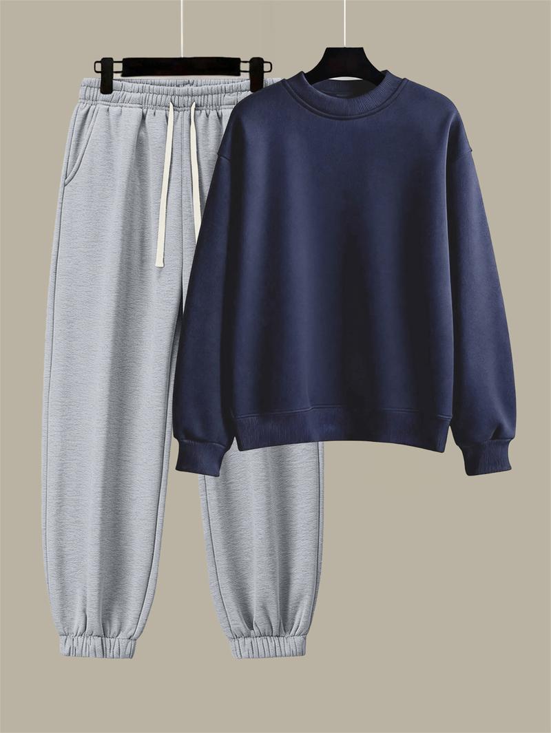 Men's Cotton Solid Color Casual Tracksuit Set Loose Fit Crew Neck Sweatshirt with Matching Jogger Pants for Fall Winter Comfortable Menswear Outfit for Outdoor Activities Sporty Commute Fitness and Relaxed Everyday Wear