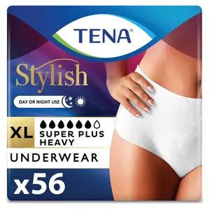 TENA Stylish White Incontinence Underwear for Women Super Plus Heavy Absorbency XL 56 Count Elastic Leg Gathers FSA HSA Eligible - Pack