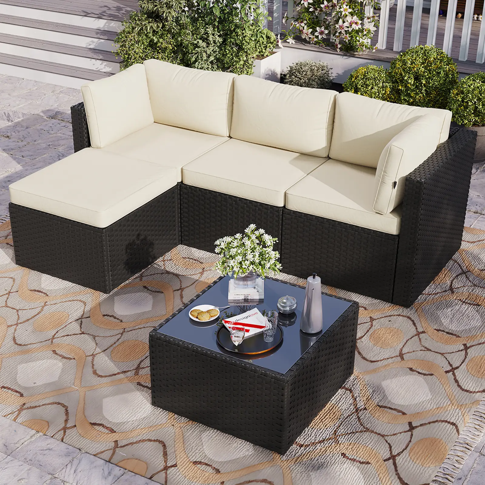 Aoxun 5-Piece All-Weather Wicker Patio Outdoor Furniture Set, Modular Sectional Sofa with Ottoman, Glass Coffee Table, Beige Cushioned Conversation Set for Backyard, Deck, Patio Furniture Set,summerwins summerwins,home decor,camping essentials