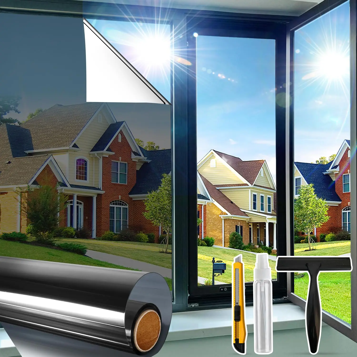 Black Reflective 1-Way Mirror Window Privacy Film - 17.5"x78.7" Sun, Heat & UV Blocking Light Control Windowcover, Removable Vinyl Adhesive Sheet Window Stickers & Films for Home, Office Decor