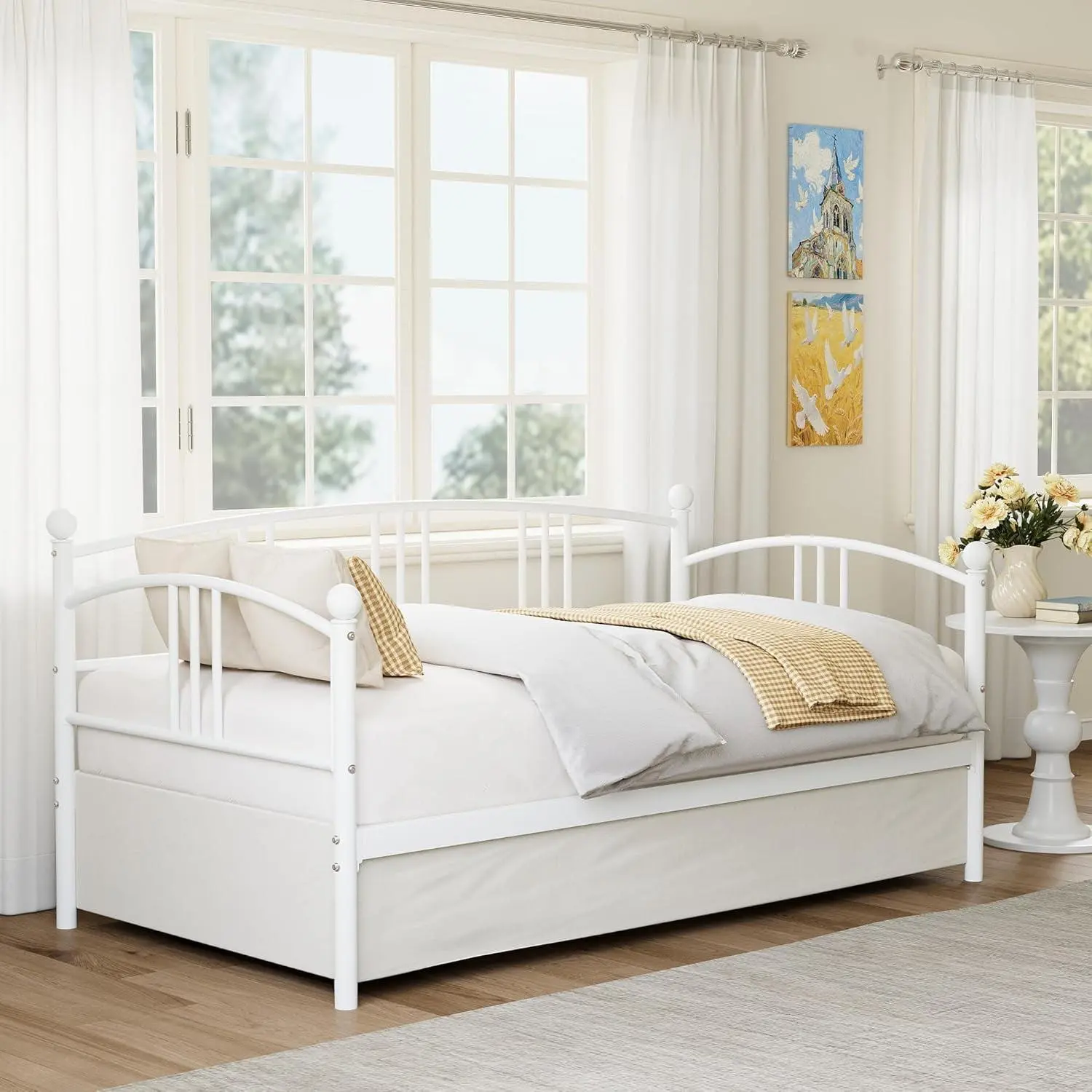 Gaomon Twin Daybed with Metal Wheeled Pullout Trundle - Multi-Use Furniture, Durable Steel Slat Support, 6 Casters for Easy Mobility, Space-Saving Design, Assembly Required, Ideal for Bedroom, Living Room, White