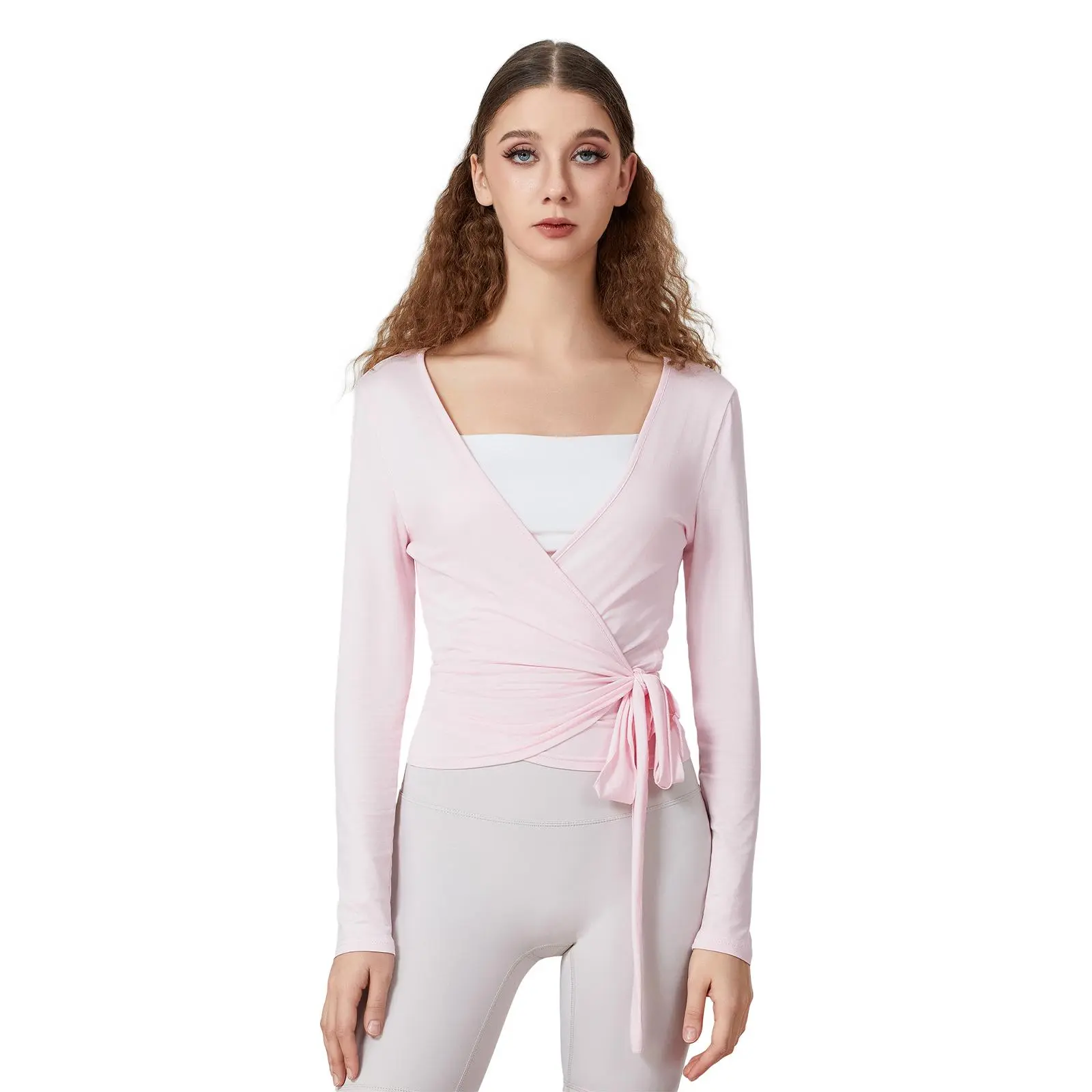 Women Wrap Top Long Sleeve Deep V Neck Cross Tie Workout Ballet Pilates Yoga Shirt Fitness Top Athletic Active Tops Casual Sportswear