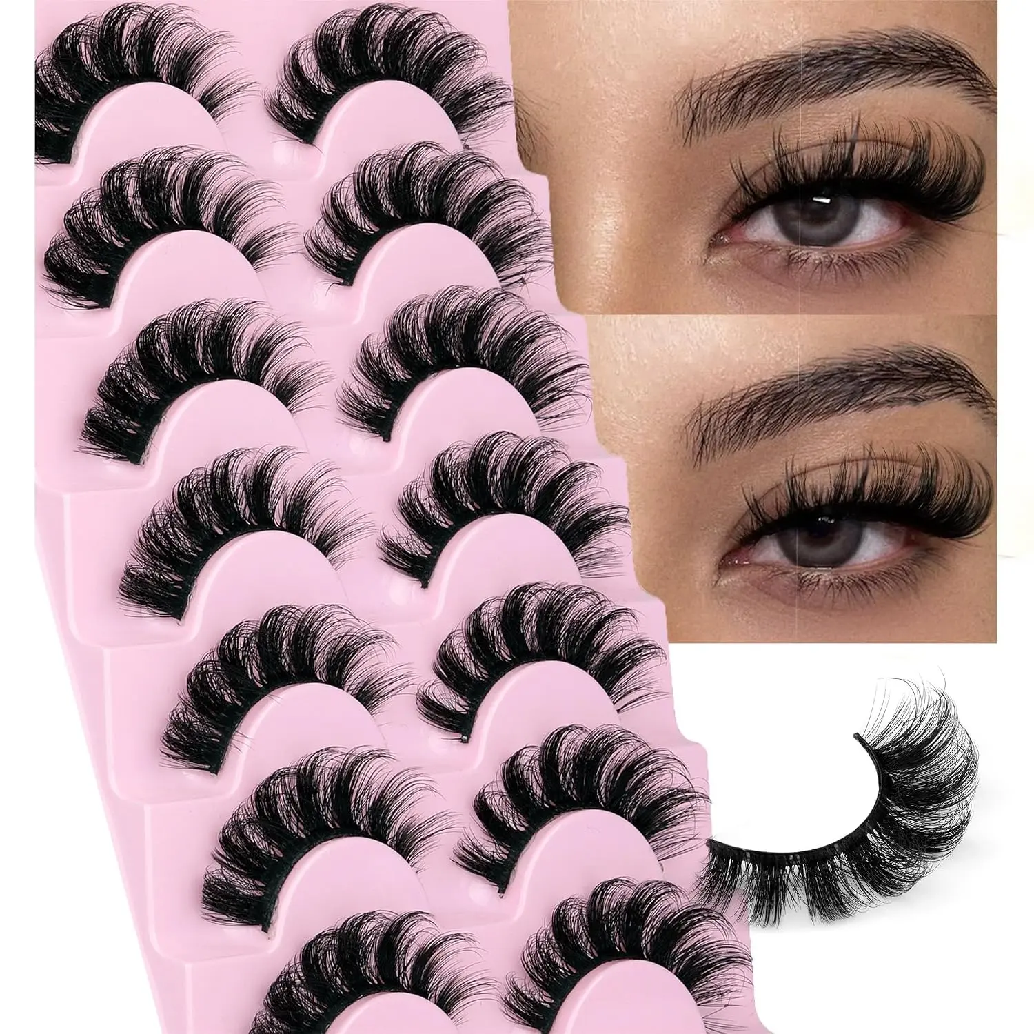 Fluffy Wispy Mink Lashes 7 Pairs | 3D False Eyelashes D Curl | Natural Look Russian Strip Lashes | Short Fake Eyelash Pack