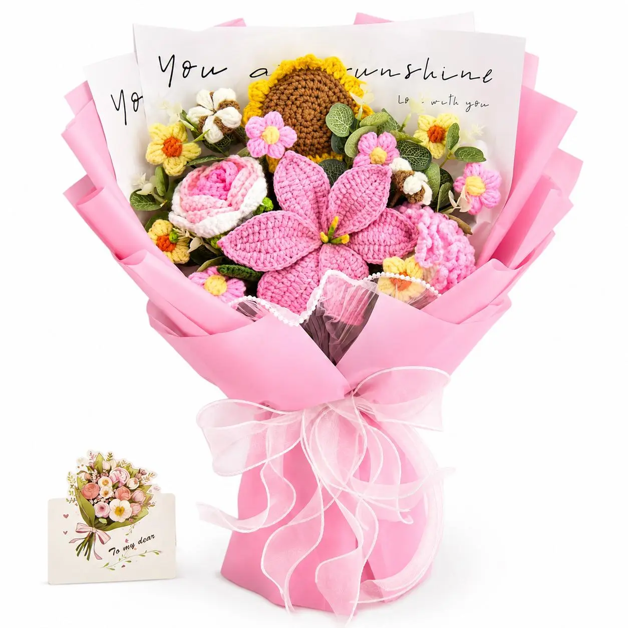Handmade Crochet Flowers Bouquet Gift for Girlfriend Birthday Wedding Anniversary Just Because Graduation Gift with Sunflowers Forever Flowers for Her with Greeting Card US Fast Shipping Colorful Soft Aesthetic Home Decor Women's Gift