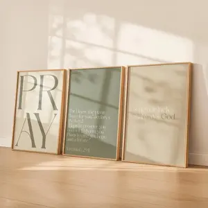 Neutral Sage Green Christian Wall Art Set of 3 | Bible Verse Prints | Faith Over Fear | Pray Scripture Print | Green Religious Home Decor