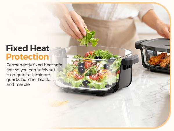1500W 5-in-1 Glass Air Fryer Non-Toxic - 4Qt Pot+6Cup Container with Lid & Dust Cover, Portable Smart Kitchen Appliance Silicone Pad Included