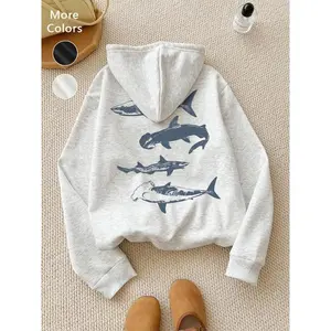 Women'sFleeceHoodieSweatshirt,FallWinterLooseFitLongSleevePullover,SharkPrintCasualDailyWear,UnisexFashionTop