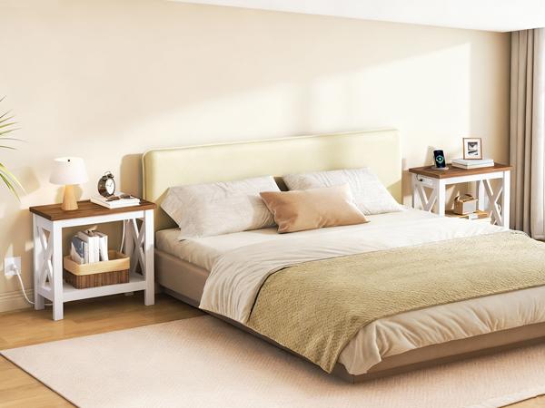 HOOBRO Farmhouse End Table with Charging Station, Narrow Side Table with Open Shelves, 2-Tier End Table with X-Shaped Frame, Small Accent Table, Slim Nightstand, Narrow Sofa End Table, Bedside Table for Living Room, Bedroom, White and Walnut HOOBRO Farmhouse End Table with Charging Station, Narrow Side Table with Open Shelves, 2-Tier End Table with X-Shaped Frame, Small Accent Table, Slim Nightstand, Narrow Sofa End Table, Bedside Table for Living Room, Bedroom, White and Walnut