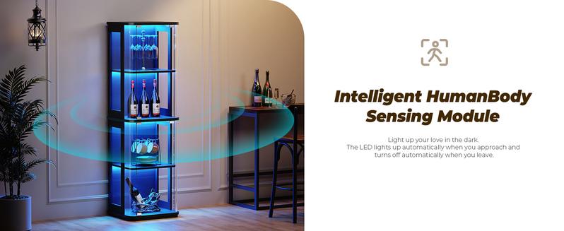 BROTTAR Rounded Display Cabinet with Glass Door, 4-Tier Curio Cabinet with 3 Color Lights for Collectibles, Glass Display Case with Transparent Full-Display Surface, Human Body Sensor, Black