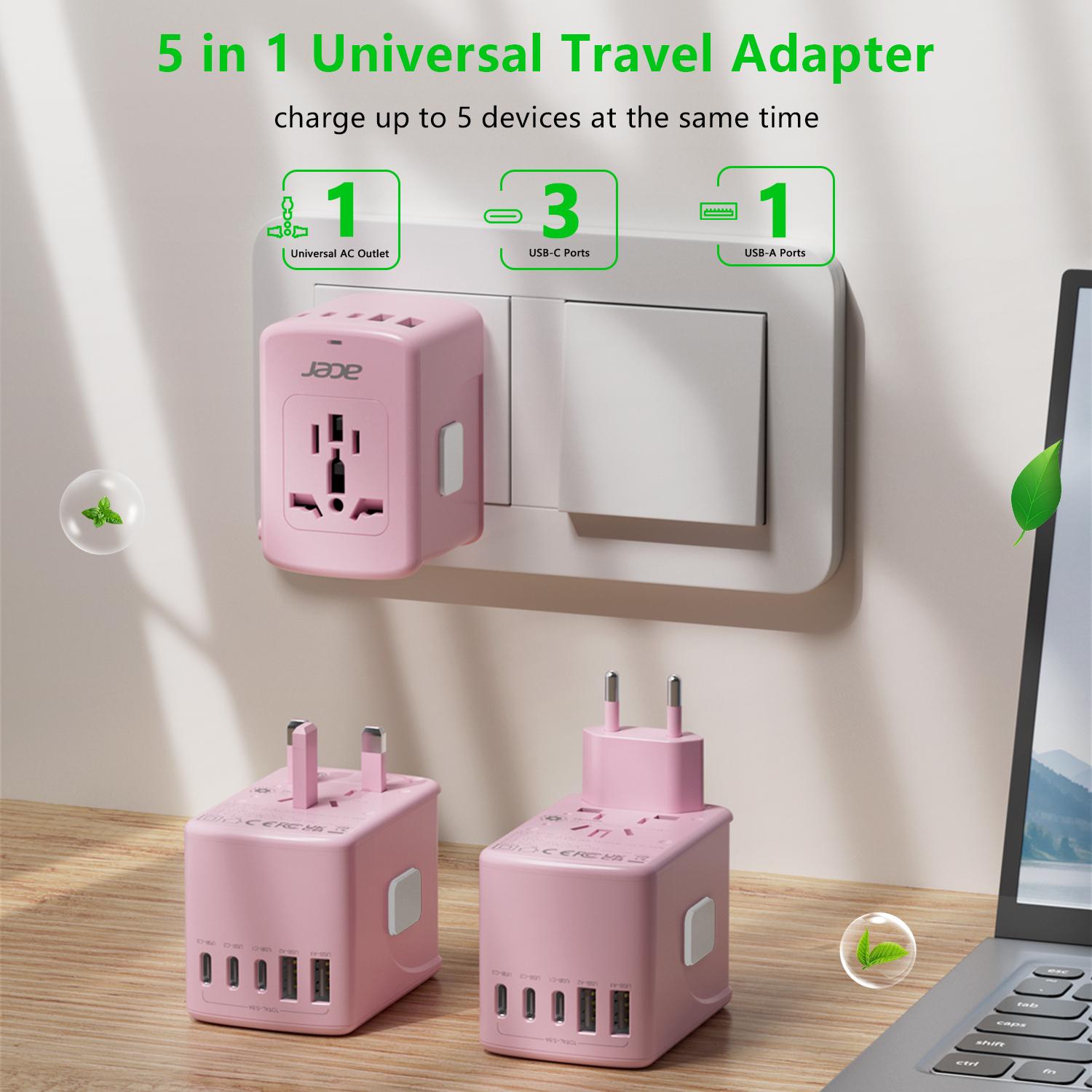 Acer Christmasparade Universal 12 in 1 Travel Adapter With 5 USB Ports (3 USB C), 100-250V Input & 29W Output, US/EU/UK/AU Plugs, International Power Adapter, Worldwide Outlet Charger For USA To European UK France Germany Spain, Black，Pink，Blue，Purple