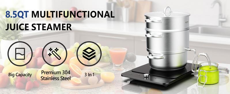 ROVSUN 8.5/11Quart Juice Steamer Stainless Steel, Extractor Fruit Vegetables Juicer Steamer Pot, w/Tempered Glass Lid Clamp, Loop Handles, Ideal for Making Juice, Jelly, Pasta