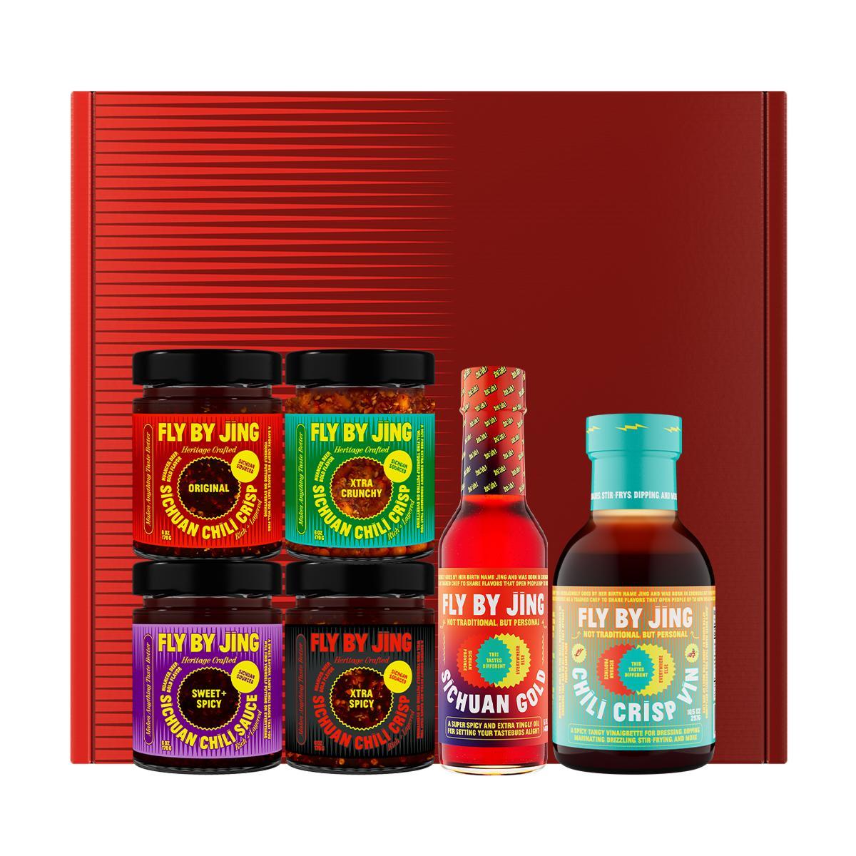 Fly By Jing Ultimate Hot Sauce Gift Box – Set of 6 with Sichuan Chili Crisp, Xtra Spicy, Sweet & Spicy, Xtra Crunchy, Chili Crisp Vinaigrette and Sichuan Gold Hot Sauce, Vegan & Non-GMO