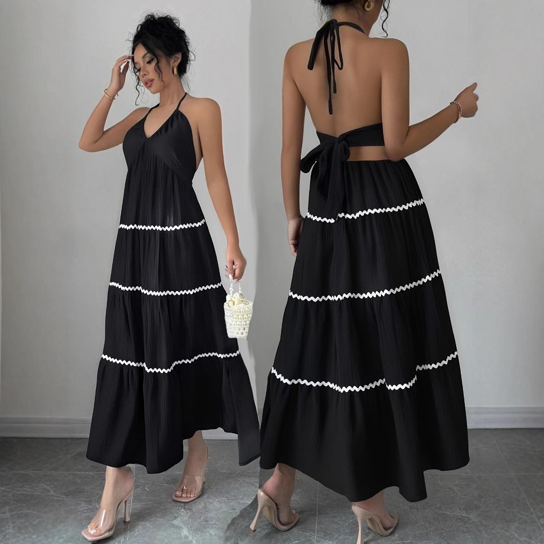 Florboom Women's Halter Neck Backless Maxi Dress Boho Tiered Ruffle Summer Beach Vacation Long Dress