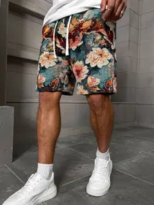 Men’s floral jacquard casual shorts with vibrant embroidered design, loose fit, non-stretch fabric, loose-fit woven jacquard shorts