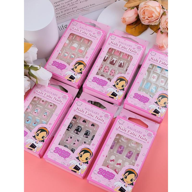 Kalolary 144 PCS Kids False Nail for Girls Gift, Press on Nail Color Short Fake Nails Artificial Nail Full Tips, Lovely Valentine's Day Gift for Little Girls Nail Art Decoration (6 Pack)