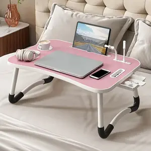 Laptop Bed Desk, Portable Foldable Laptop Table, Lap Desk Tray Table with 4 USB Ports, Storage Drawer and Cup Holder, for Bed/Couch Working, Reading