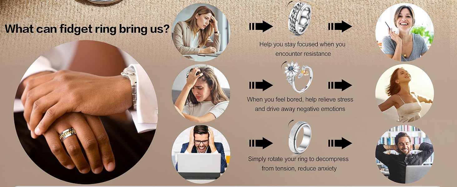FASACCO 12pcs Anxiety Relief Fidget Spinner Rings Adjustable Stainless Steel Anti-Anxiety Jewelry for Women & Men Stress Management Trendy Jewellery Accessories