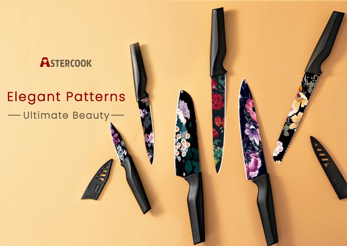 Astercook 12-Piece Flower Kitchen Knife Set with Blade Guards, Dishwasher Safe, German High Carbon Stainless Steel Block, Springtok Multicolor Cutting Astercook 12-Piece Flower Kitchen Knife Set with Blade Guards, Dishwasher Safe, German High Carbon Stainless Steel Block, Springtok Multicolor Cutting
