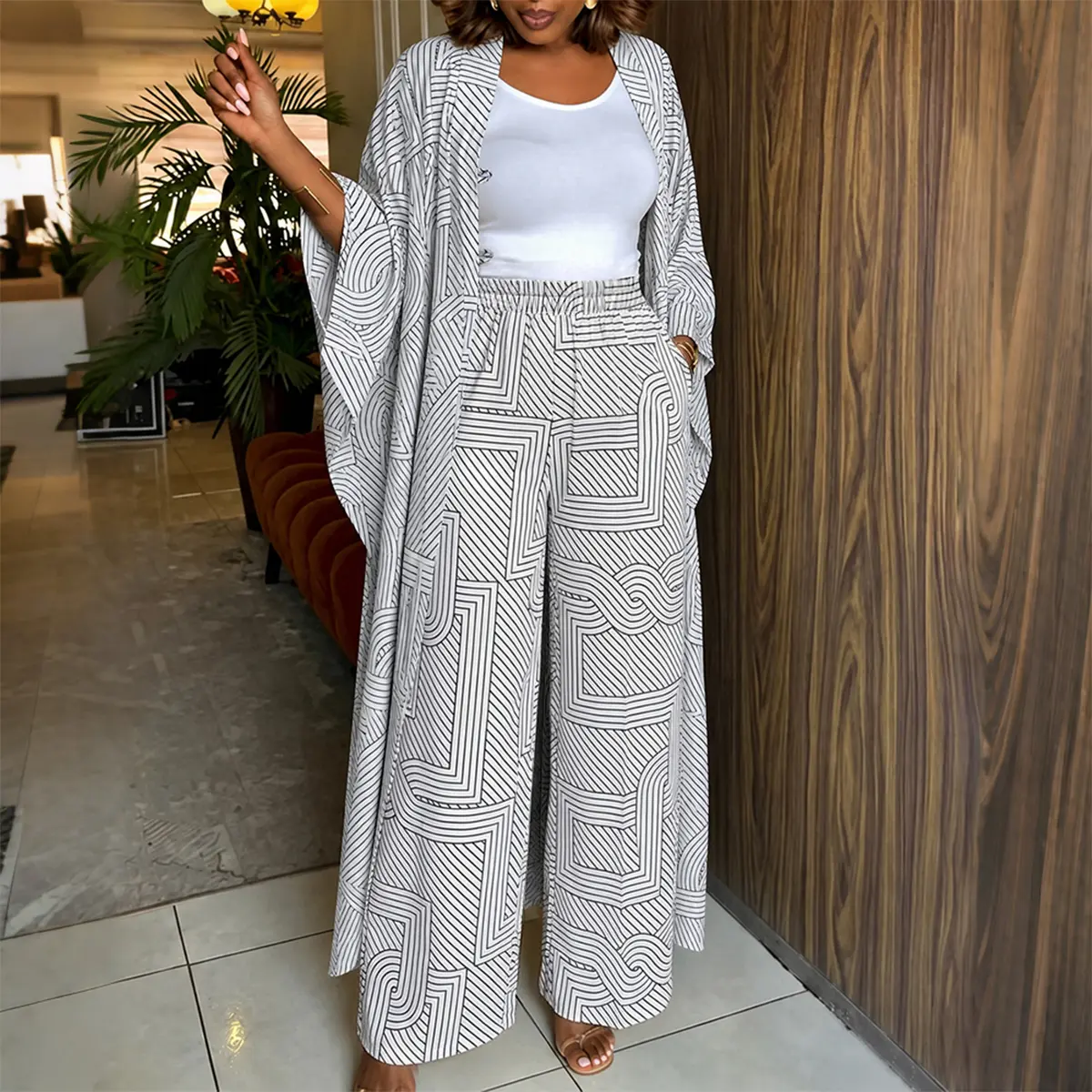 CHICME Women's Geometric Print 2 Piece Outfits Batwing Sleeve Loose Longline Cardigan and High Waisted Wide Leg Pants Set