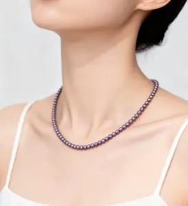 NC17-Demon Purple Pearl Necklace Round Baby Pearls Full Strand Wired Deep Purple Color Pearls with Strong Luster 18 inches and 20inches with S925 Sterling Silver Clasp and extender Necklace