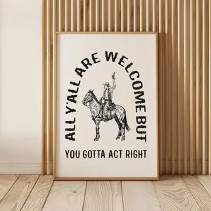 1 Piece Western Style Welcome Cowboy Quote Wall Art - Southwest Style Horizontal Canvas Print, Suitable for Bedroom, Living Room Decoration - Warm Room Gift, Cowboy Country Aesthetics, Ink Canvas Painting