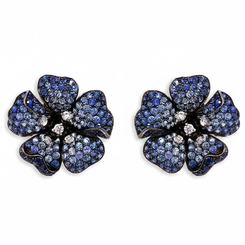 Flower Sapphire & Diamond Earrings – Gradient Blue – 18k White Gold