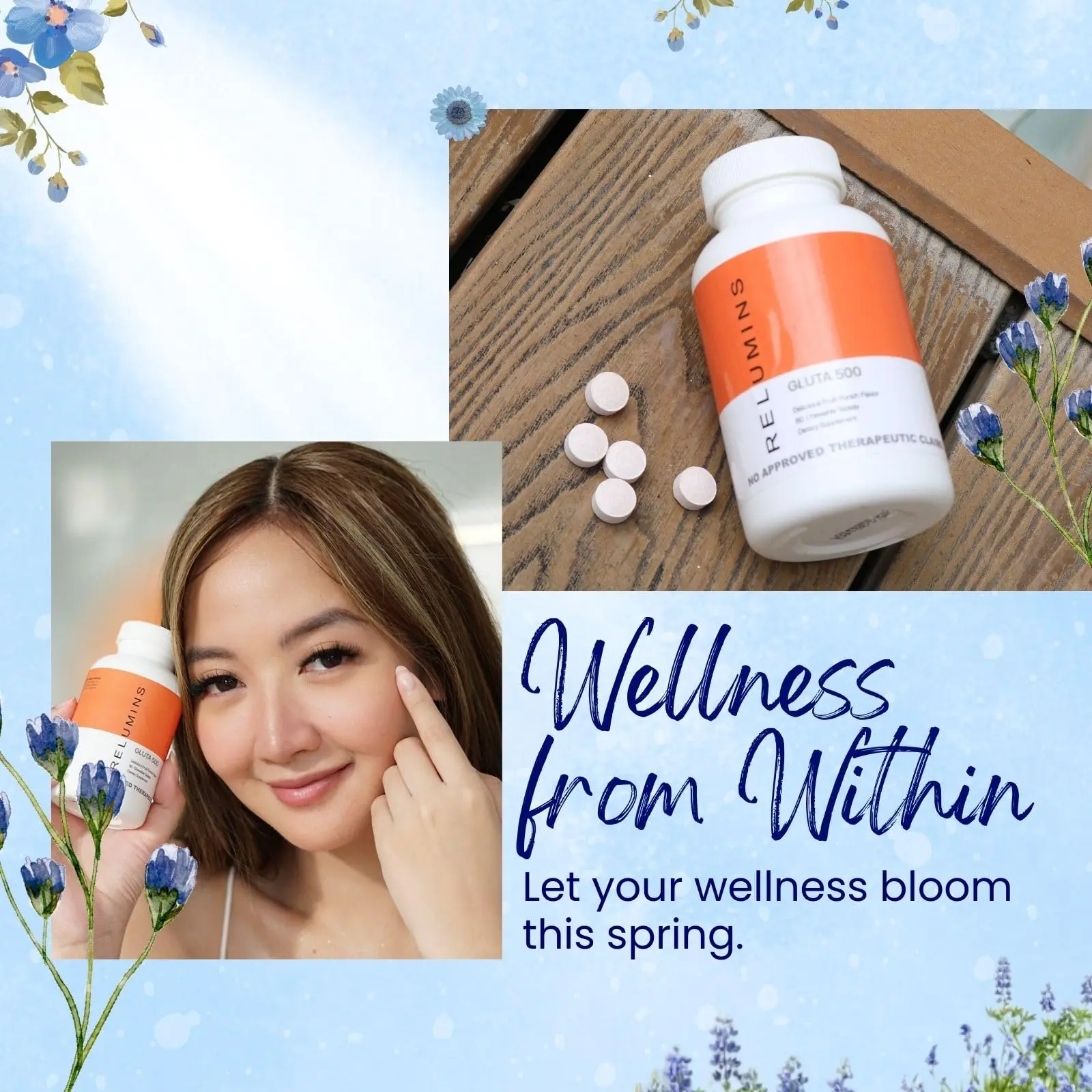 Relumins Gluta 500 Chewable Tablets with Glutathione, Hyaluronic Acid, Vitamin  C, Biotin & Collagen – Supports Skin Tone & Glow – Fruit Punch Flavor –  Made in USA – 60 Tablets