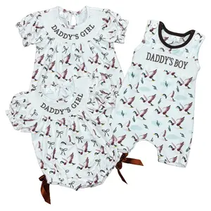 Baby Girl Clothes Chic Outfit - Short-Sleeve Smocked Knee-Length Dress with "Daddy's Girl" Charm Embroidery, Southern Mallard Duck Bow Print, Casual Outdoor Wear, Sibling-Matching Option, Bubble Romper Alternative