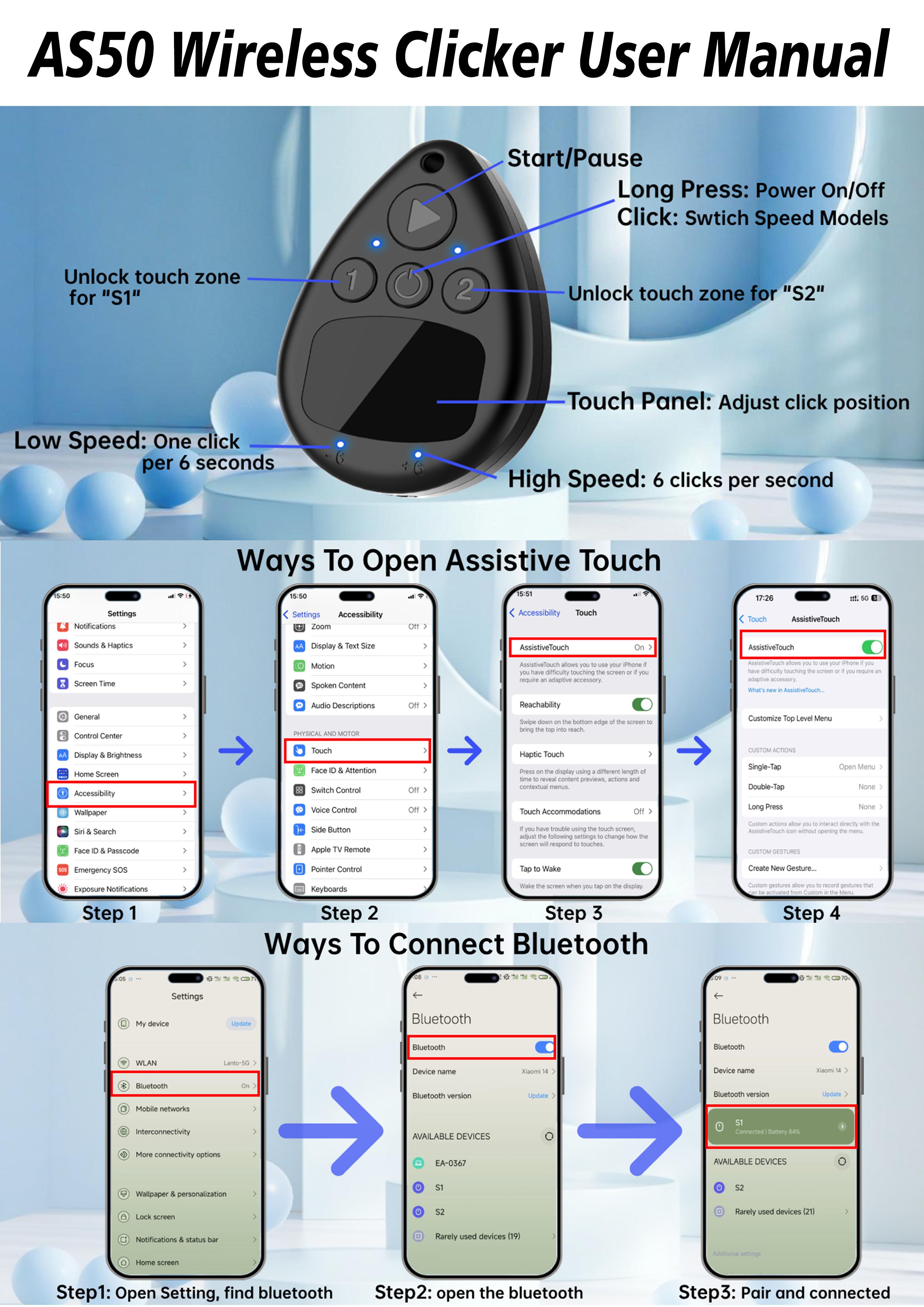Wireless Auto Clicker for iPhone, Bluetooth Phone Screen Tapper with Battery for Hands Free, Silent & Adjustable Speed Finger Clicker for Tiktok Live Broadcasts Likes, Gaming, Reward Task