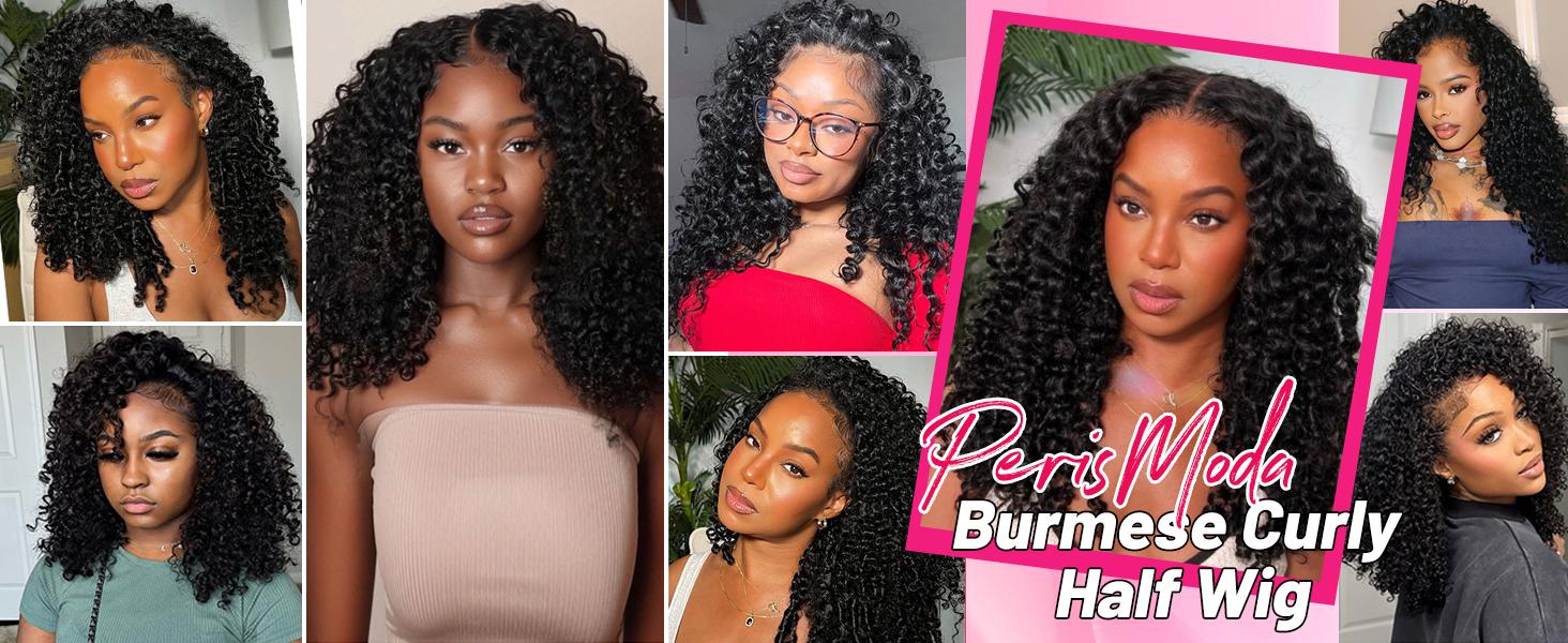 PerisModa 15A Half Wig Human Hair 200% Density Burmese Curly Glueless Wigs Human Hair with Spiral Curly End 3 IN 1 Kinky Curly Human Hair Half Wig With Drawstring Beginner Friendly Curly Wig For Women Seamless Clip Ins Flip Over Natural Color 14-30 Inch