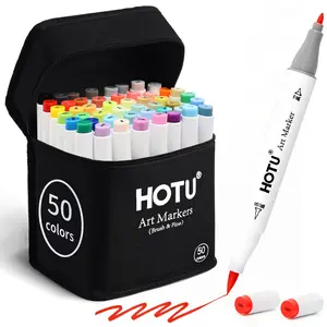 HOTU 50-Color Alcohol Markers Brush & Chisel Dual Tips Set for Artists - Soft Nylon Brush Tip, Quick-Drying Ink, Anti-Bleed Pad, Colorless Blender, Swatch Card, Sturdy Canvas Bag, Coloring pen, cute school supplies, fun desk supplies